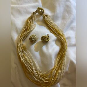 Vintage sea bead yellow /off white made in Japan set of clip earrings & necklace